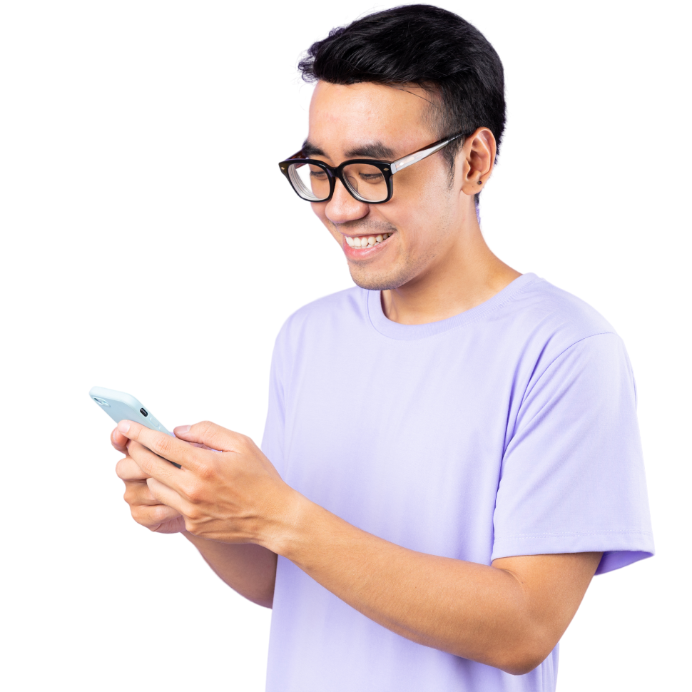 Man with lilac shirt using a phone