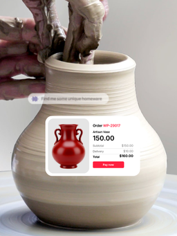 Hands shaping clay on pottery wheel with product listing for red vase displayed on screen.