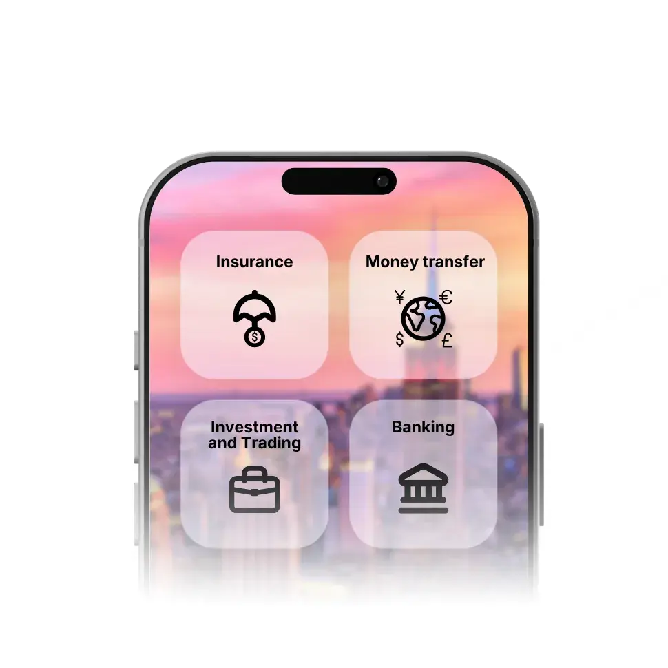 Phone screen showing different financial services sub-industries covered by Worldpay, including insurance, money transfer, investment and trading, and banking